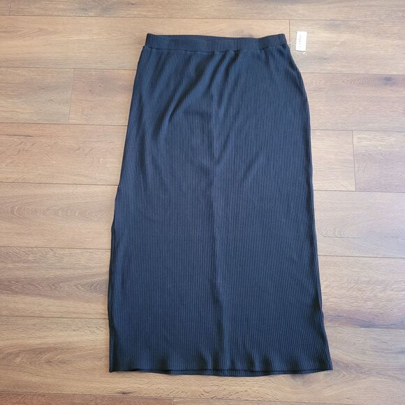 Old Navy Rib Knit Midi Skirt Large Black Fitted Pencil Side Slit Pull On NEW TAG - Picture 5 of 14
